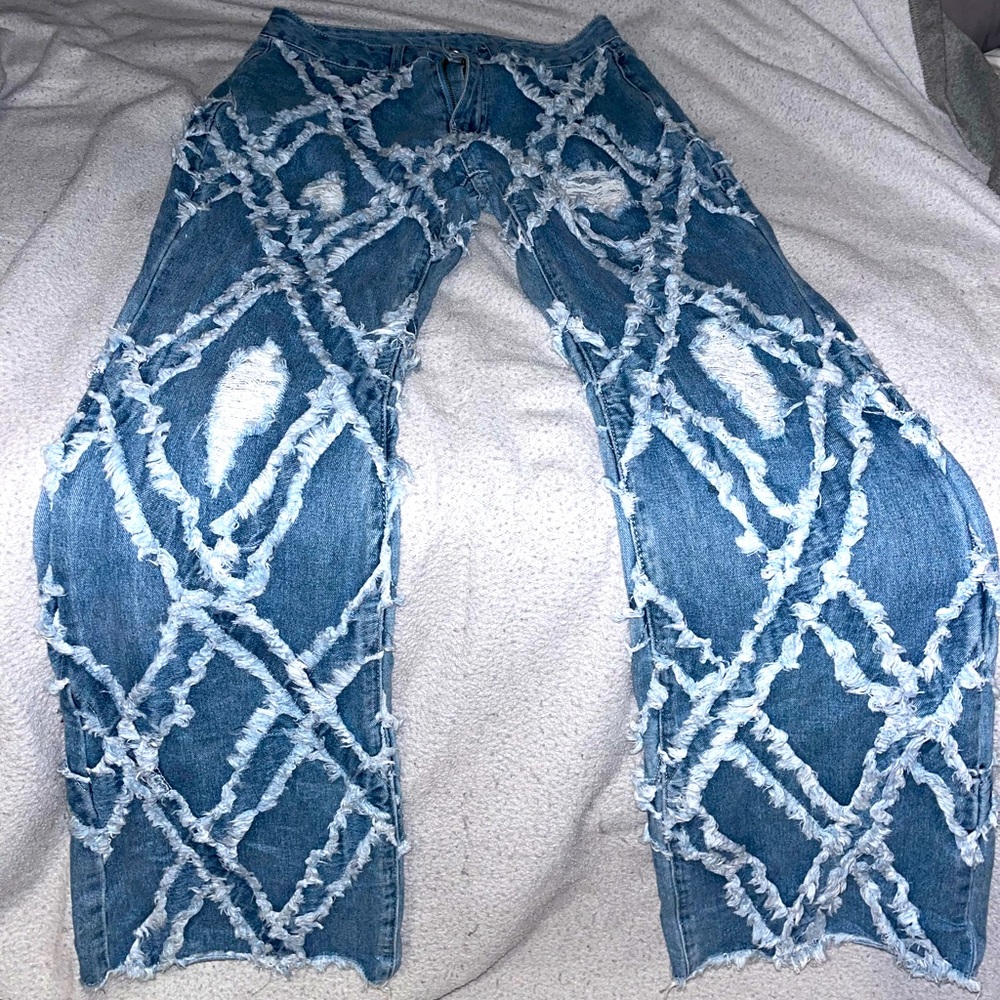 High Waisted Ripped Washed Flared Leg Jeans medium wash W30 L32